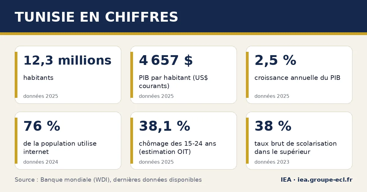 Infographie : Tunisie en chiffres — 12,3 millions habitants, 4 657 $ PIB par habitant (US$ courants), 2,5 % croissance annuelle du PIB. Source : Banque mondiale.