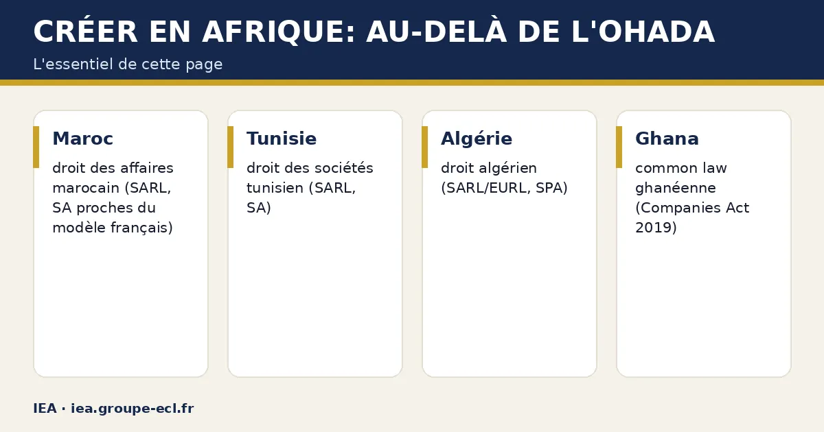 Schéma : Créer en Afrique: au-delà de l'OHADA — Maroc ; Tunisie ; Algérie ; Ghana.