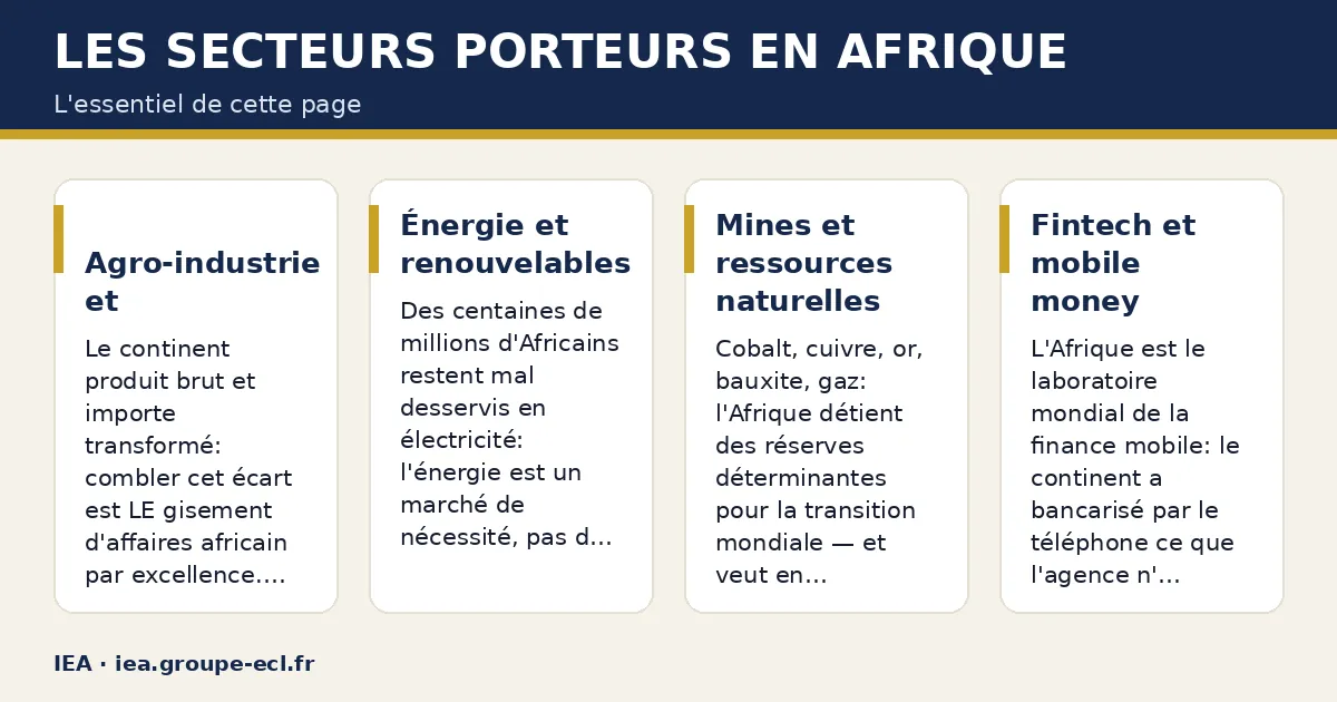 Schéma : Les secteurs porteurs en Afrique — Agro-industrie et transformation alimentaire ; Énergie et renouvelables ; Mines et ressources naturelles ; Fintech et mobile money.