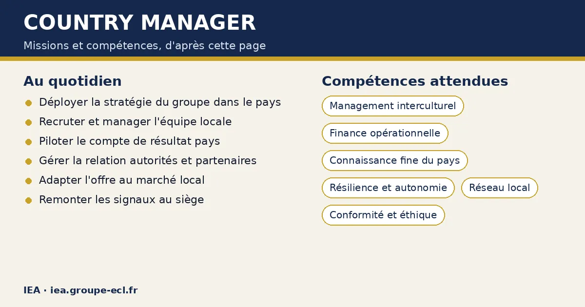 Schéma : Country manager — missions : Déployer la stratégie du groupe dans le pays, Recruter et manager l'équipe locale, Piloter le compte de résultat pays ; compétences : Management interculturel, Finance opérationnelle, Connaissance fine du pays.