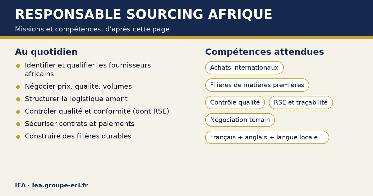 Schéma : Responsable sourcing Afrique — missions : Identifier et qualifier les fournisseurs africains, Négocier prix, qualité, volumes, Structurer la logistique amont ; compétences : Achats internationaux, Filières de matières premières, Contrôle qualité.